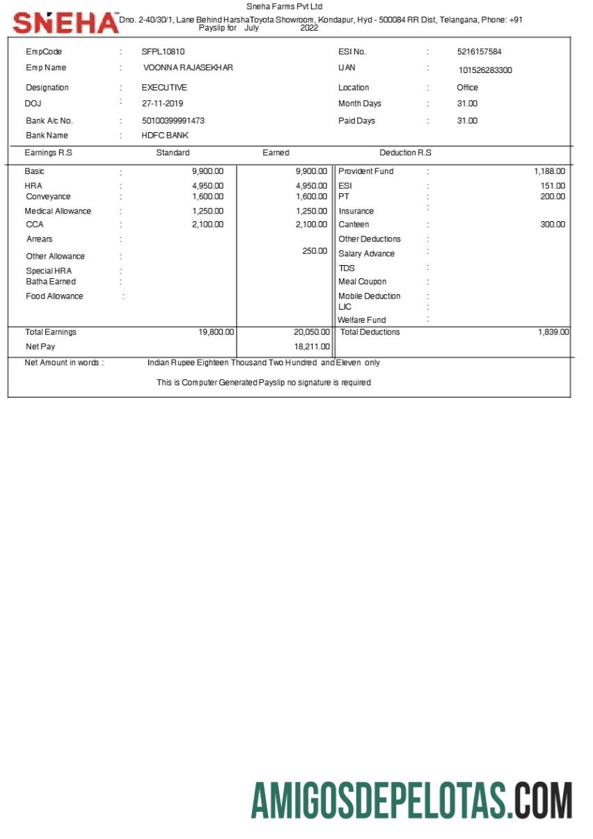 Realista Modelo de recibo de pagamento da Sneha Farms em formatos Word e PDF.pdf, 1